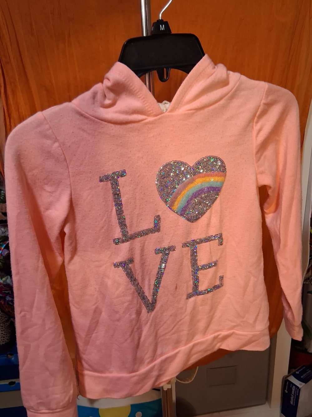 btween Pink Hoodie with Glitter 'LOVE' and Rainbow Heart